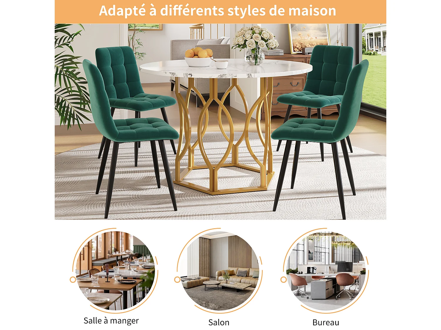 Table à manger ronde 100/100/76 cm avec pieds réglables MDF blanc et métal doré