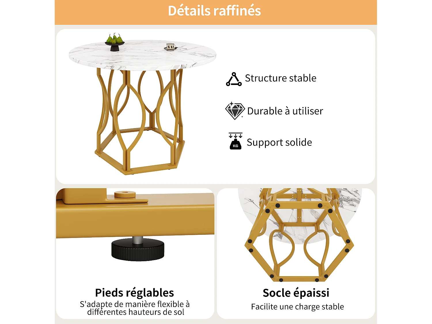 Table à manger ronde 100/100/76 cm avec pieds réglables MDF blanc et métal doré