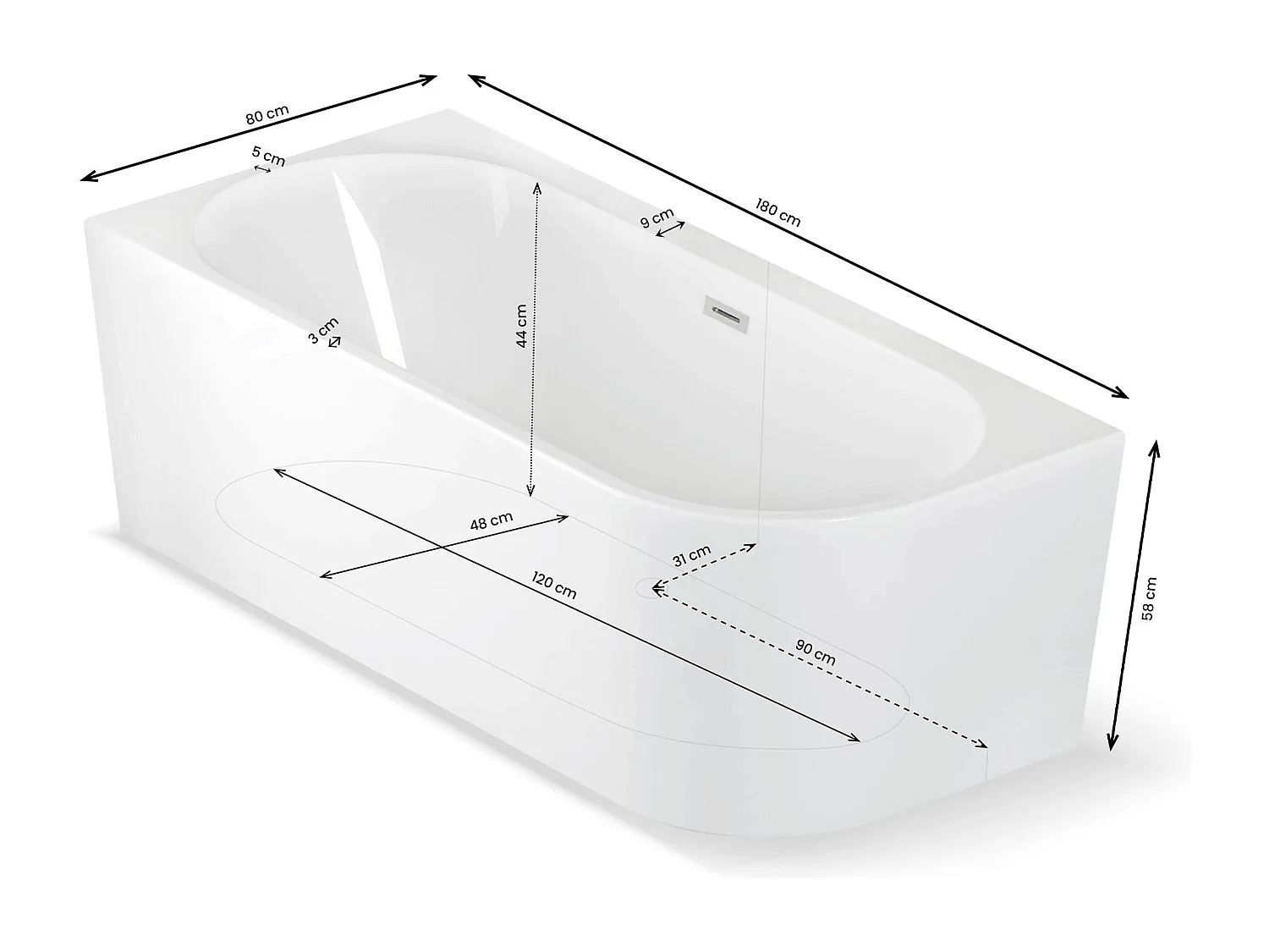 Baignoire Semi-îlot Murale D'angle Capri 180 Gauche Blanche + Robinetterie Infinite Chromée 180 X81 X58 Cm, By Spalina