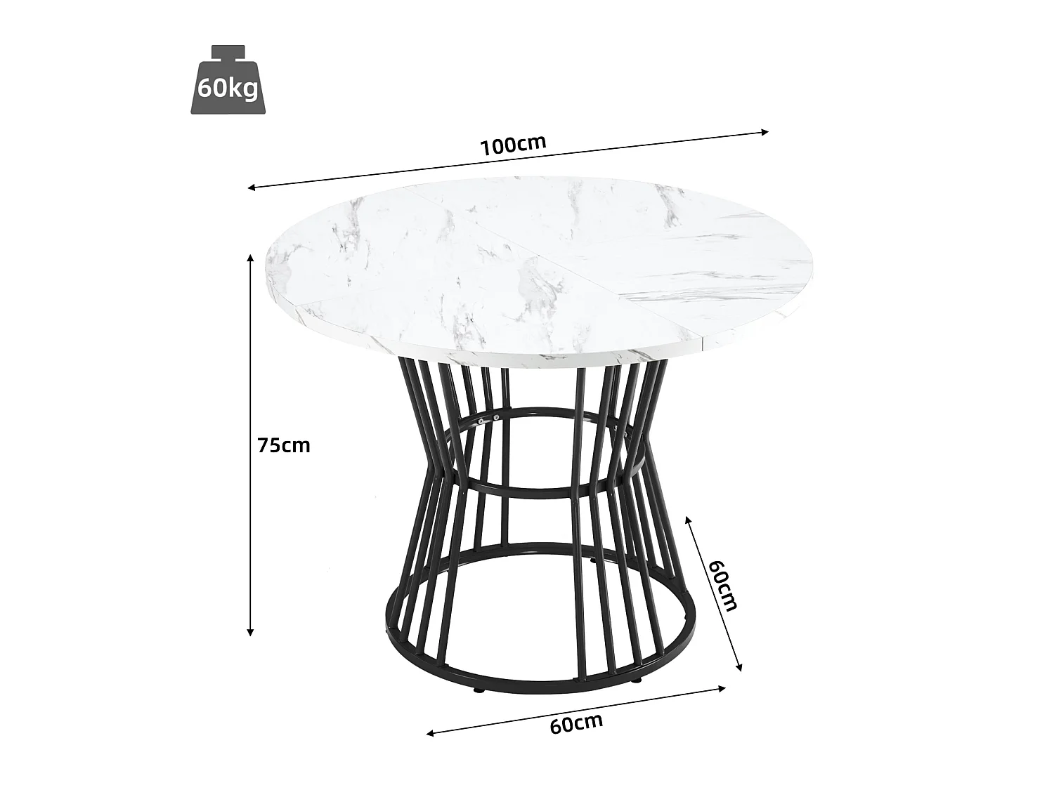 Table à manger ronde 100/75 cm avec motif marbre MDF noir et métal noir