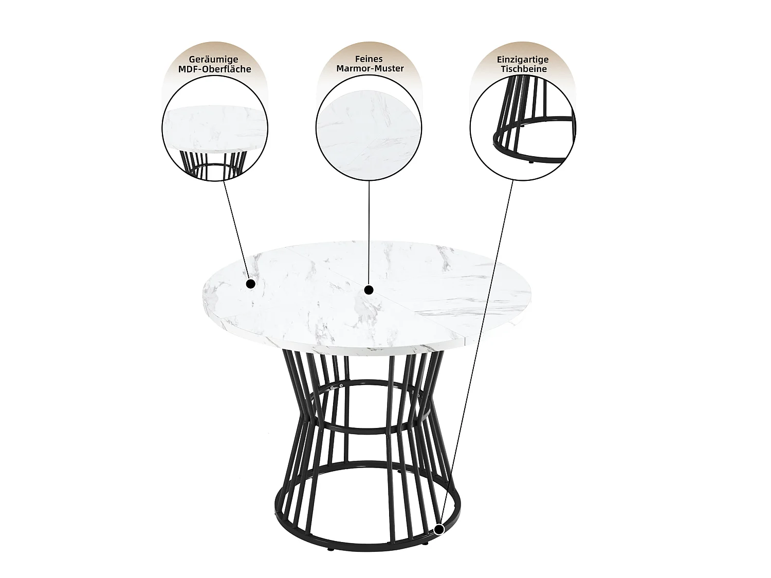 Table à manger ronde 100/75 cm avec motif marbre MDF noir et métal noir