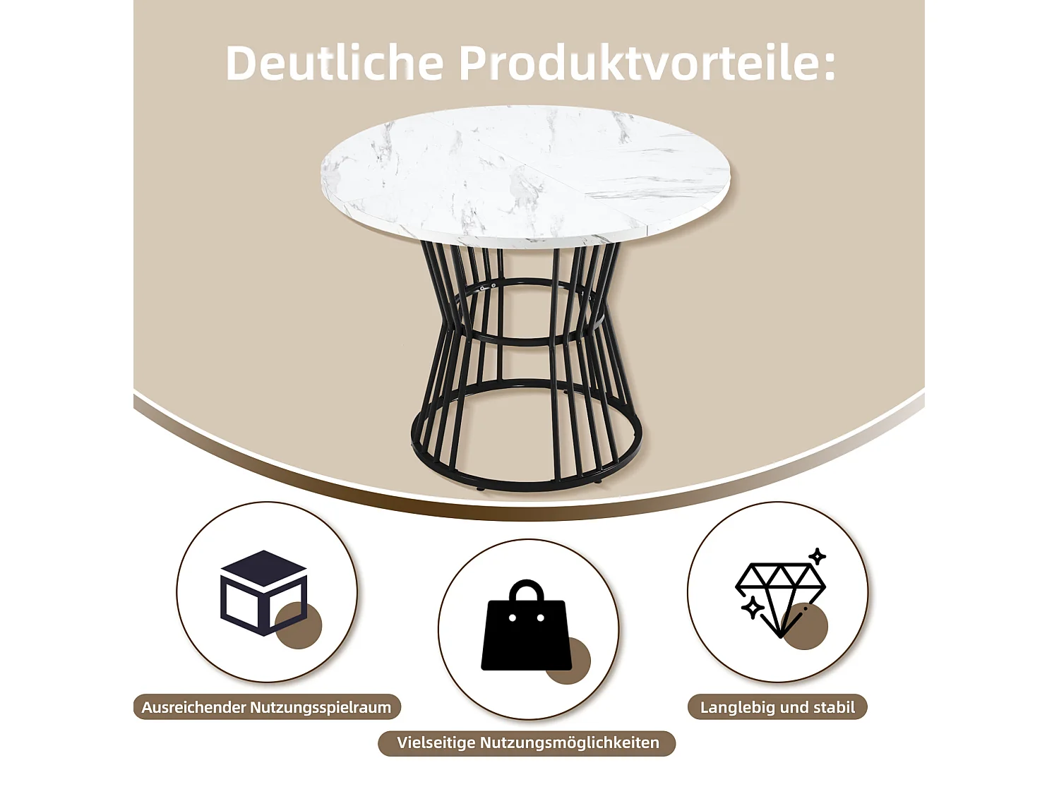 Table à manger ronde 100/75 cm avec motif marbre MDF noir et métal noir