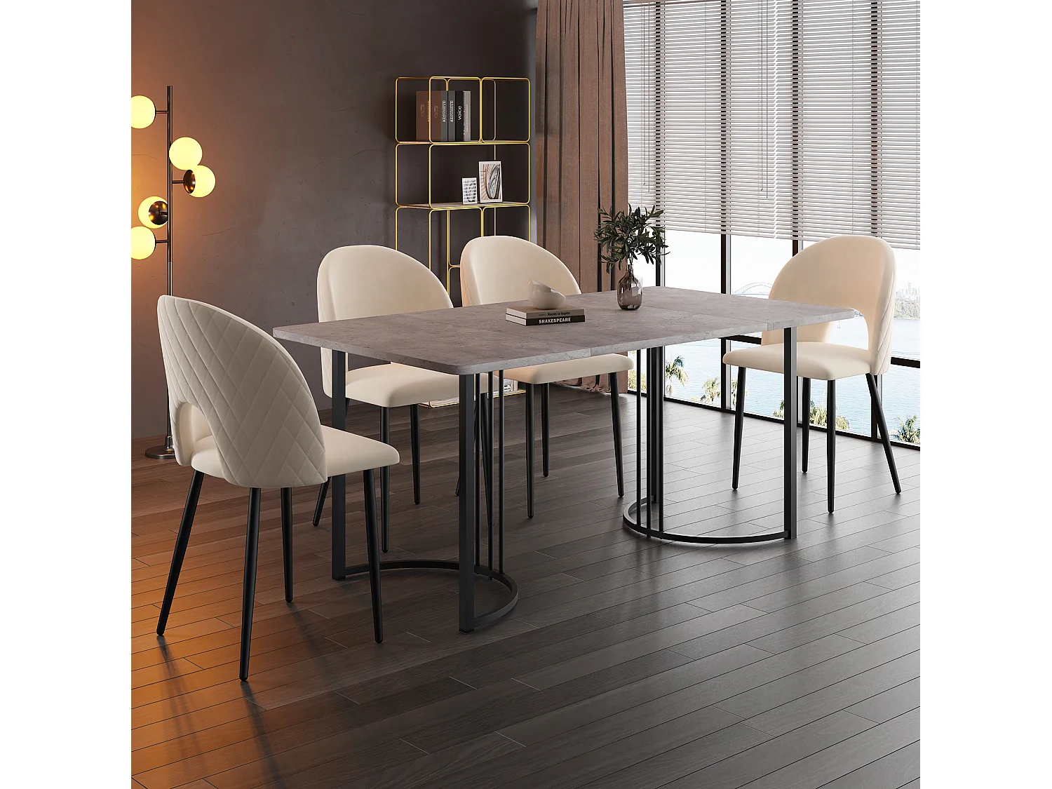 140 x 80cm Table à manger, 1 pièce, Piétement métal, Plateau effet marbre, Pieds réglables, Gris