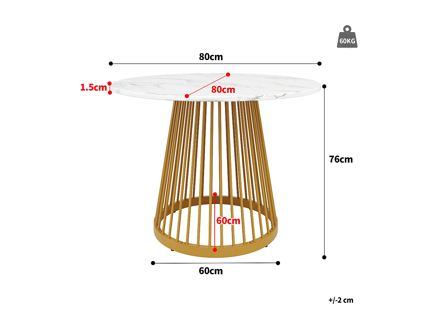 Table ronde 80×80×76cm, Plateau MDF marbré, Piétement métal doré, Cuisine/Salon, 4 personnes