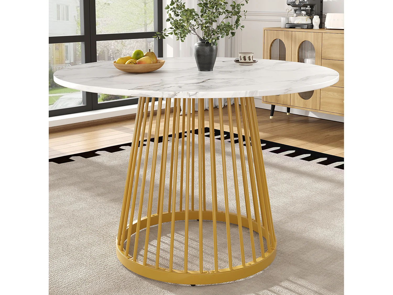Table à manger ronde 80/76/80 cm avec pieds réglables MDF blanc et métal doré