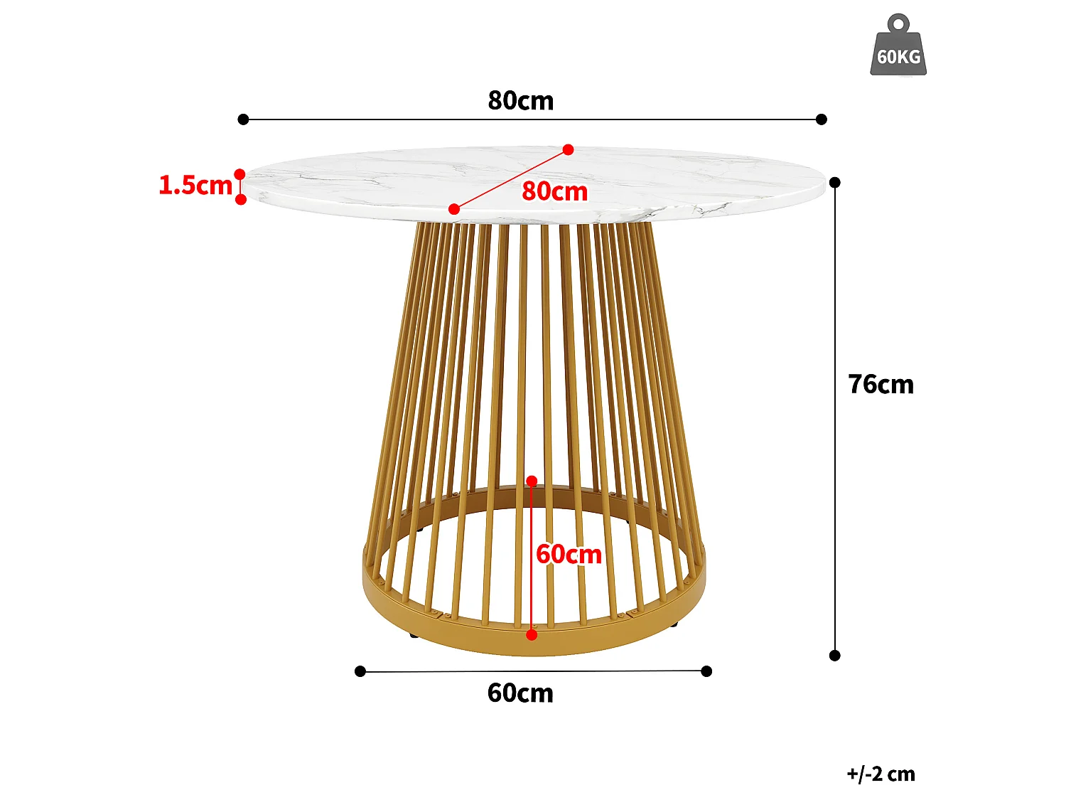 Table à manger ronde 80/76/80 cm avec pieds réglables MDF blanc et métal doré