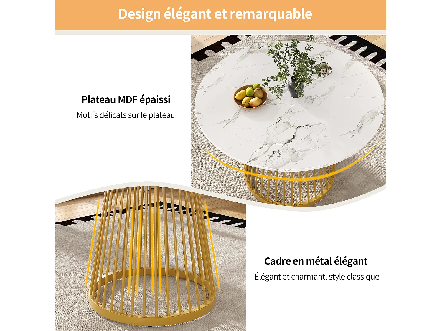 Table à manger ronde 80/76/80 cm avec pieds réglables MDF blanc et métal doré