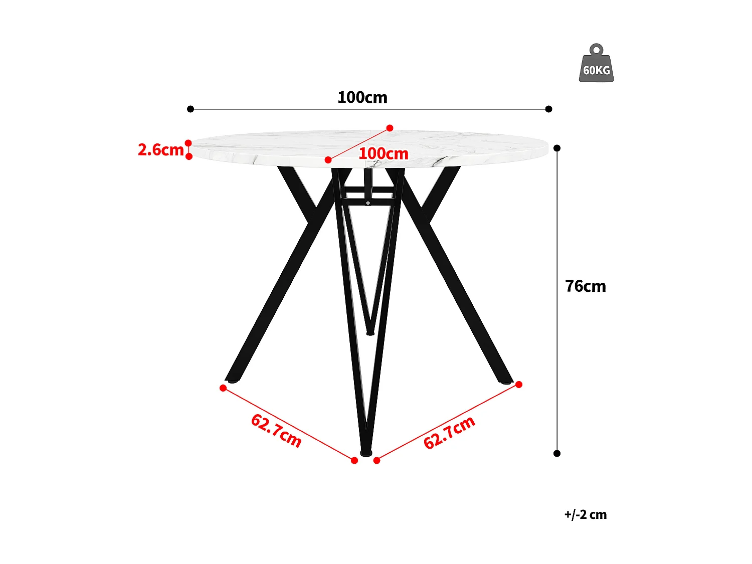 Table ronde 100×100×76cm, Plateau MDF marbré, Piétement métal stylé, Cuisine/Salon, Pieds noirs, 4 personnes