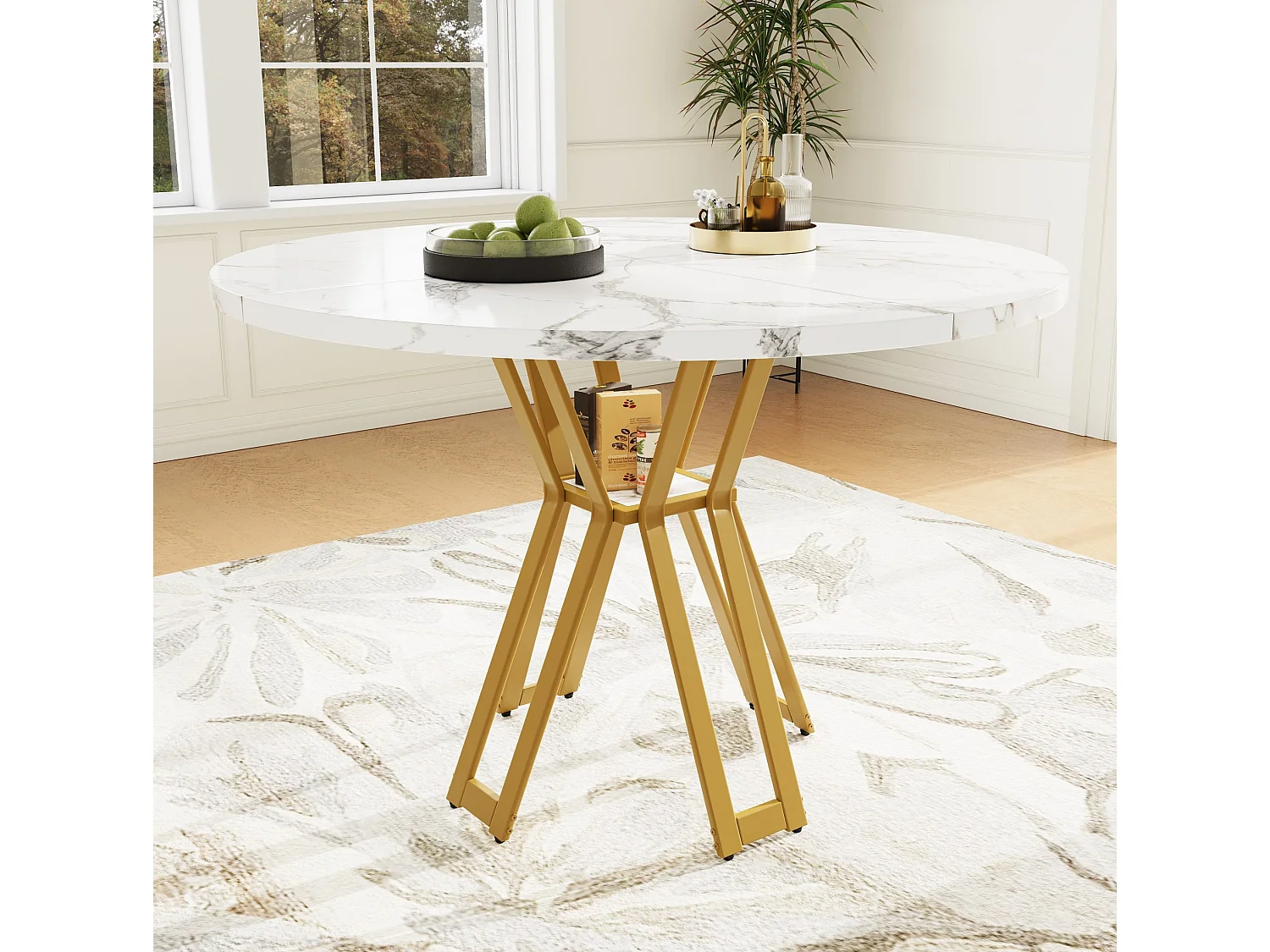 Table à manger ronde 100/100/76 cm avec plateau effet marbre MDF blanc et pieds métal doré