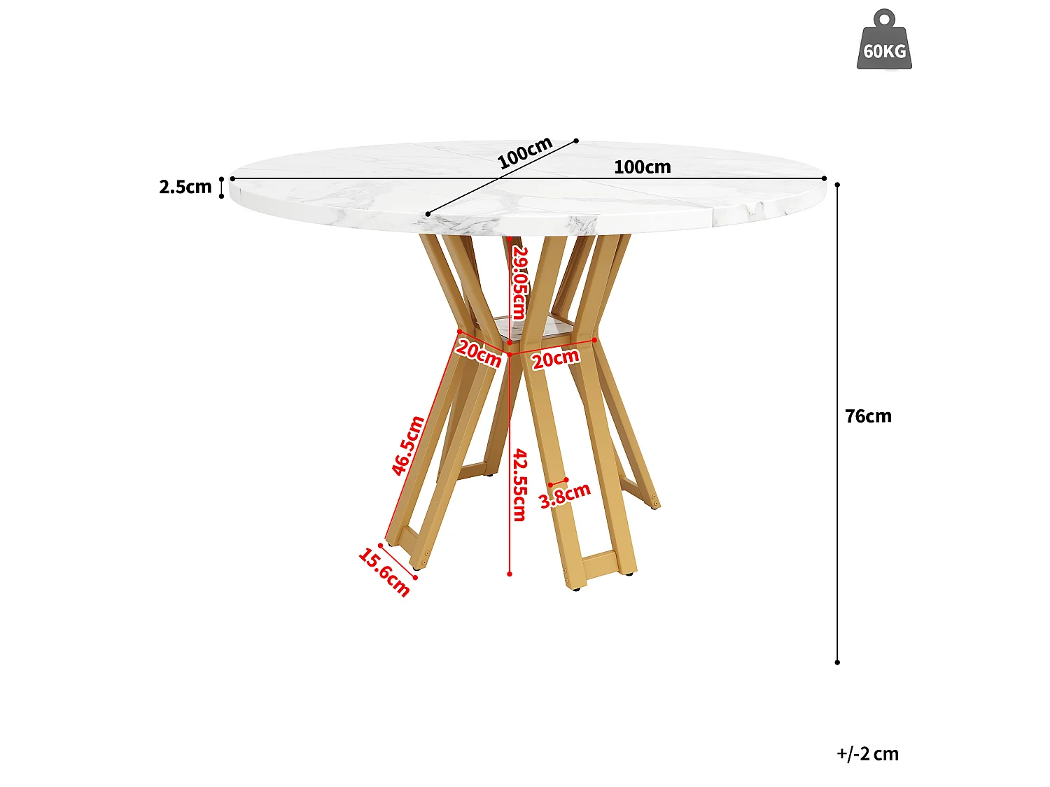 Table à manger ronde 100/100/76 cm avec plateau effet marbre MDF blanc et pieds métal doré