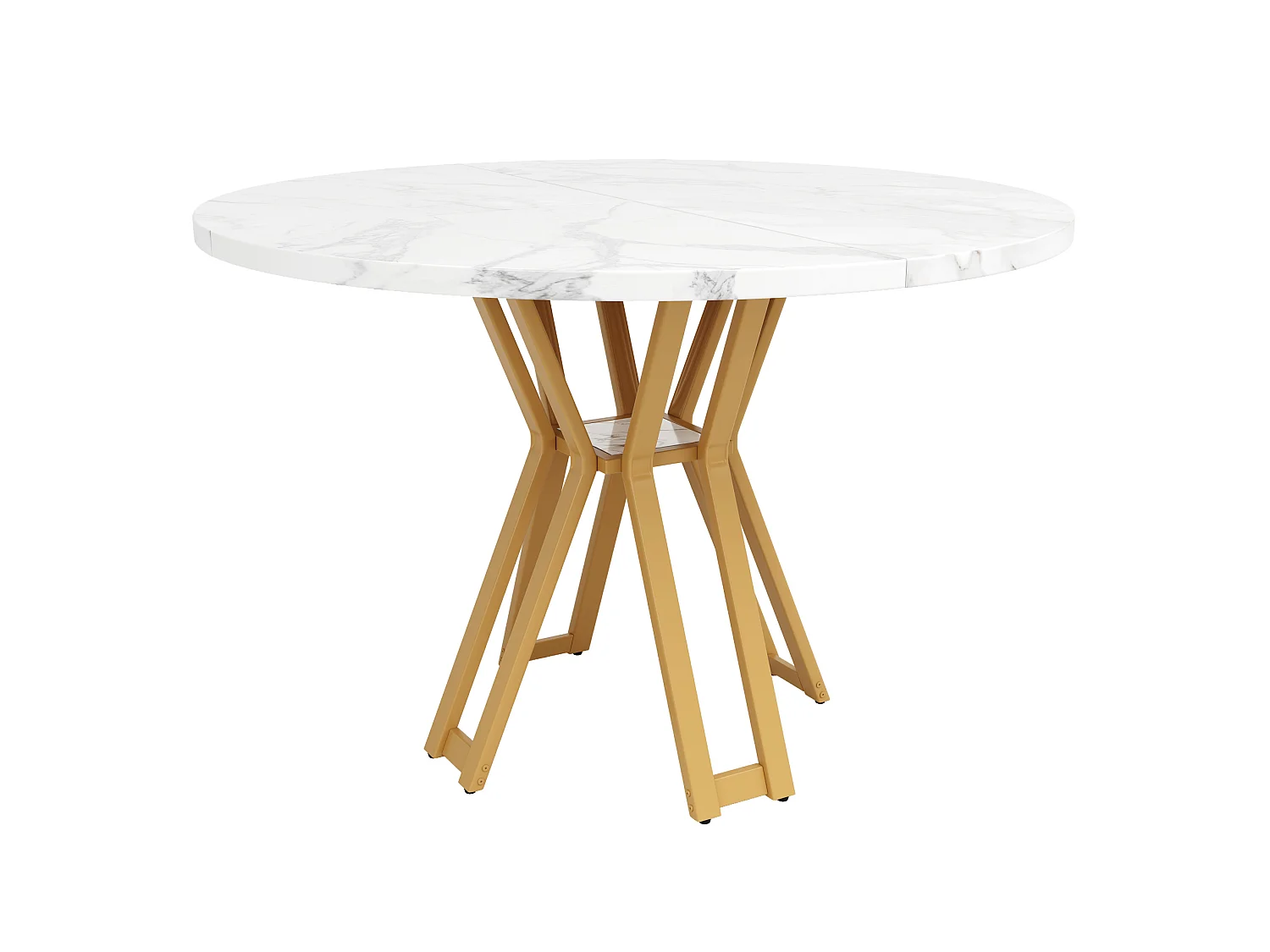 Table à manger ronde 100/100/76 cm avec plateau effet marbre MDF blanc et pieds métal doré