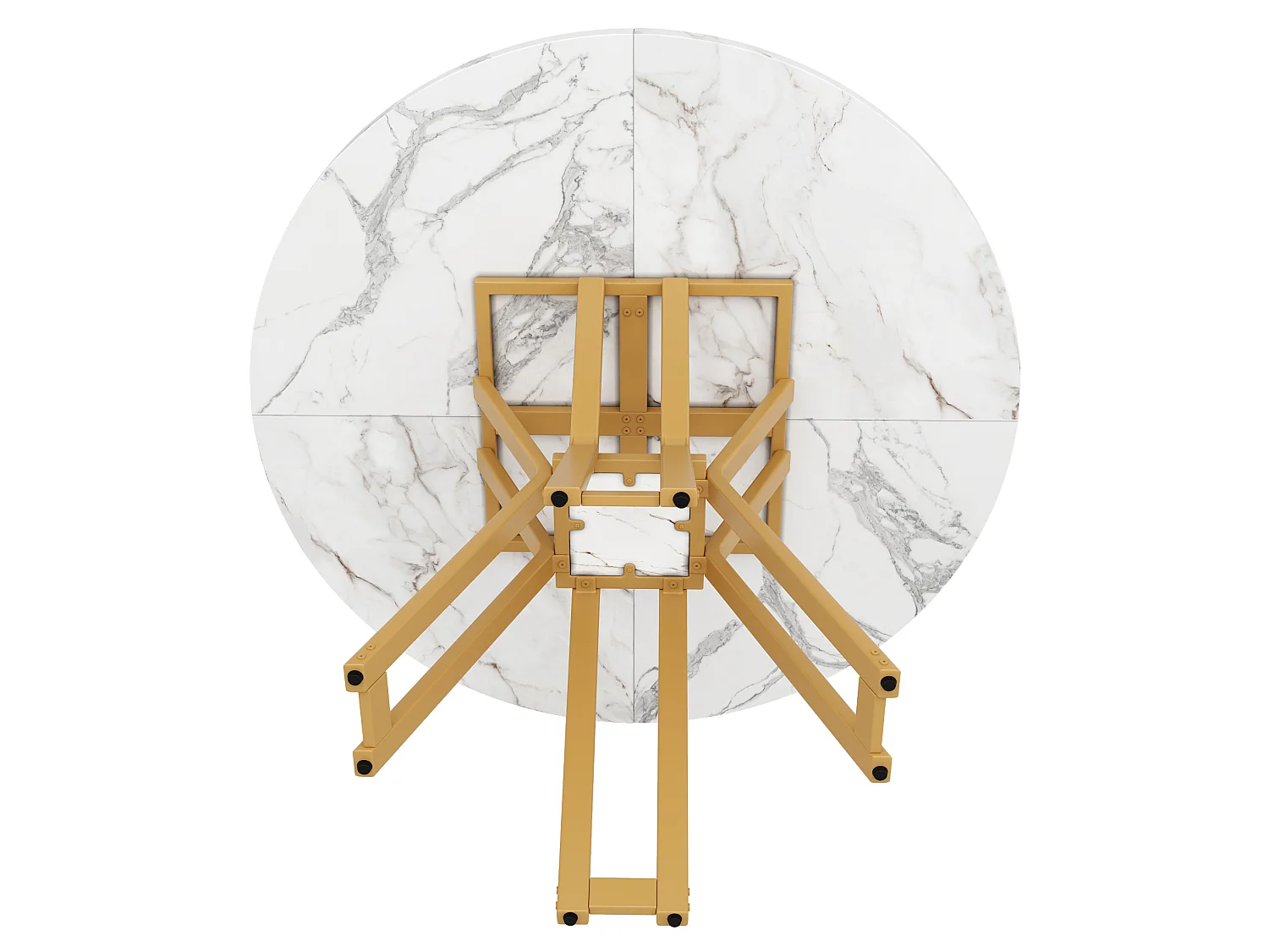 Table à manger ronde 100/100/76 cm avec plateau effet marbre MDF blanc et pieds métal doré