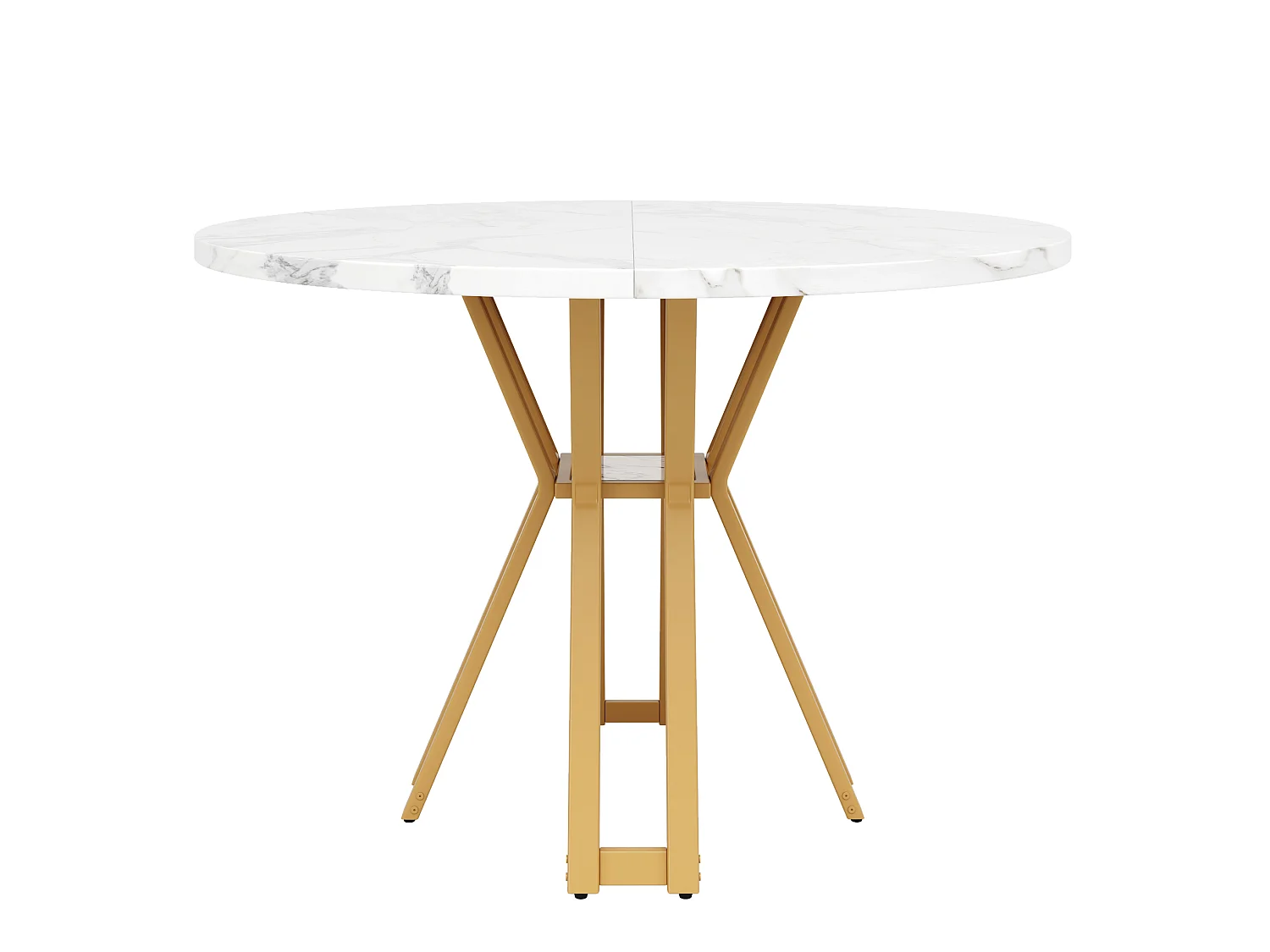 Table à manger ronde 100/100/76 cm avec plateau effet marbre MDF blanc et pieds métal doré