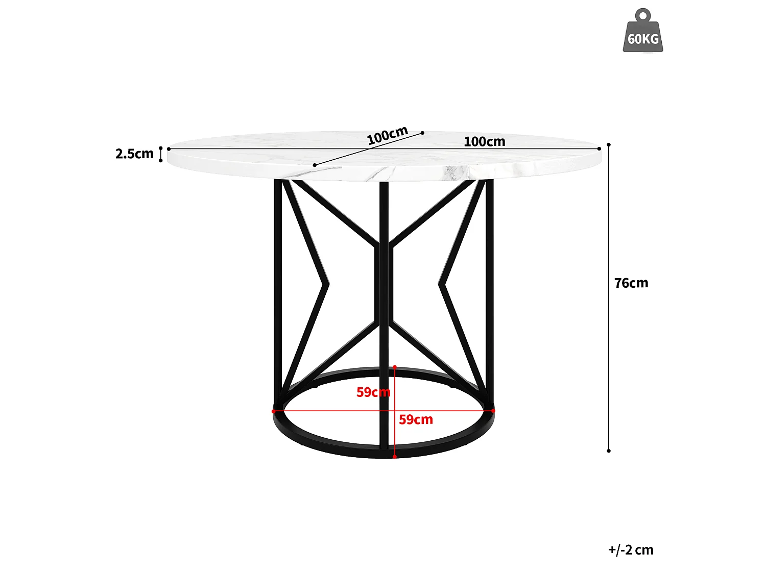 Table à manger ronde 100/100/76 cm avec plateau imitation marbre et pieds métalliques MDF noir