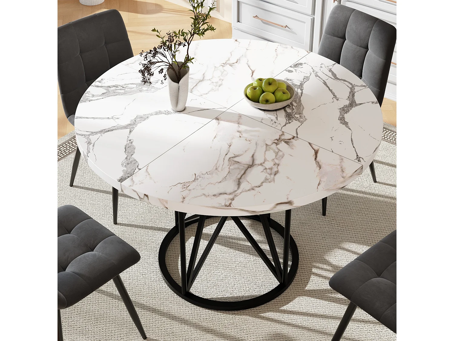 Table à manger ronde 100/100/76 cm avec plateau imitation marbre et pieds métalliques MDF noir