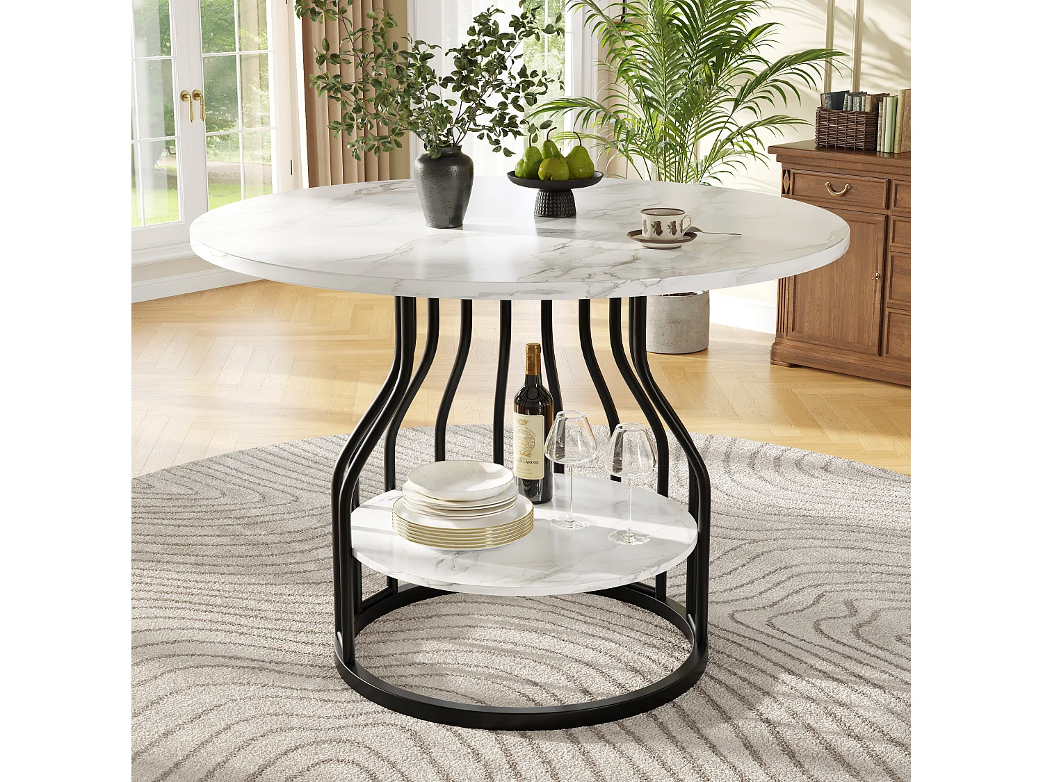 Tavolo da pranzo rotondo in MDF effetto marmo nero, 80 x 80 x 76 cm, con ripiano inferiore