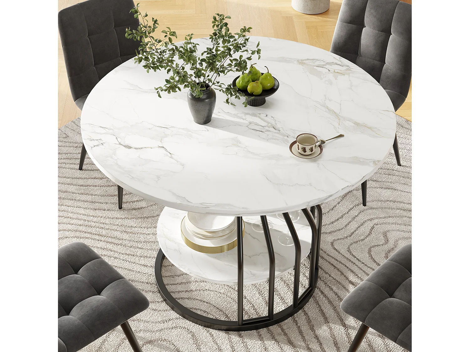 Tavolo da pranzo rotondo in MDF effetto marmo nero, 80 x 80 x 76 cm, con ripiano inferiore