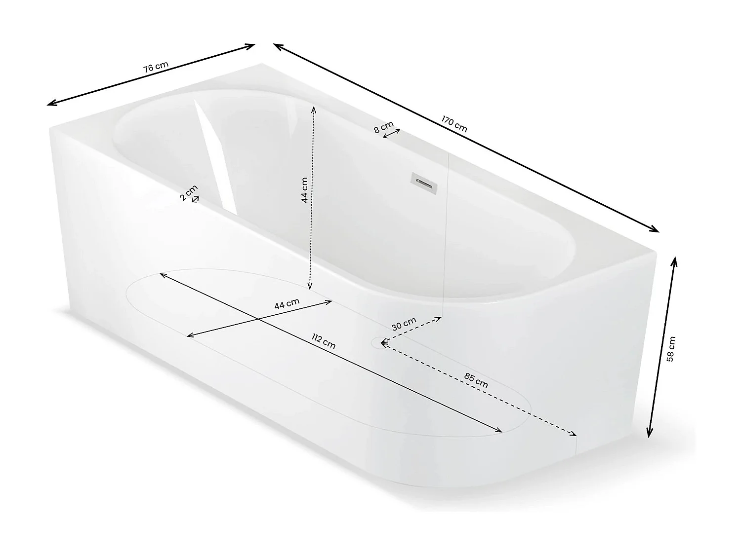 Bundle Capri 170 gauche blanche + robinetterie chromée 170 x76 x58 cm, by SPALINA