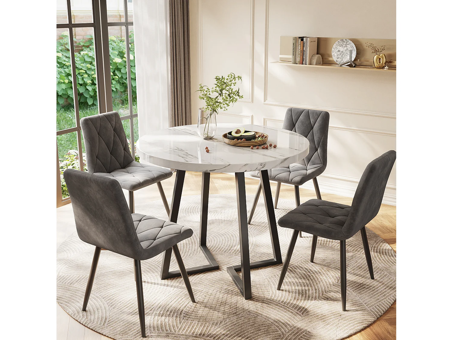 Table à manger ronde 80/75/80 cm avec piètement métallique réglable MDF blanc marbré