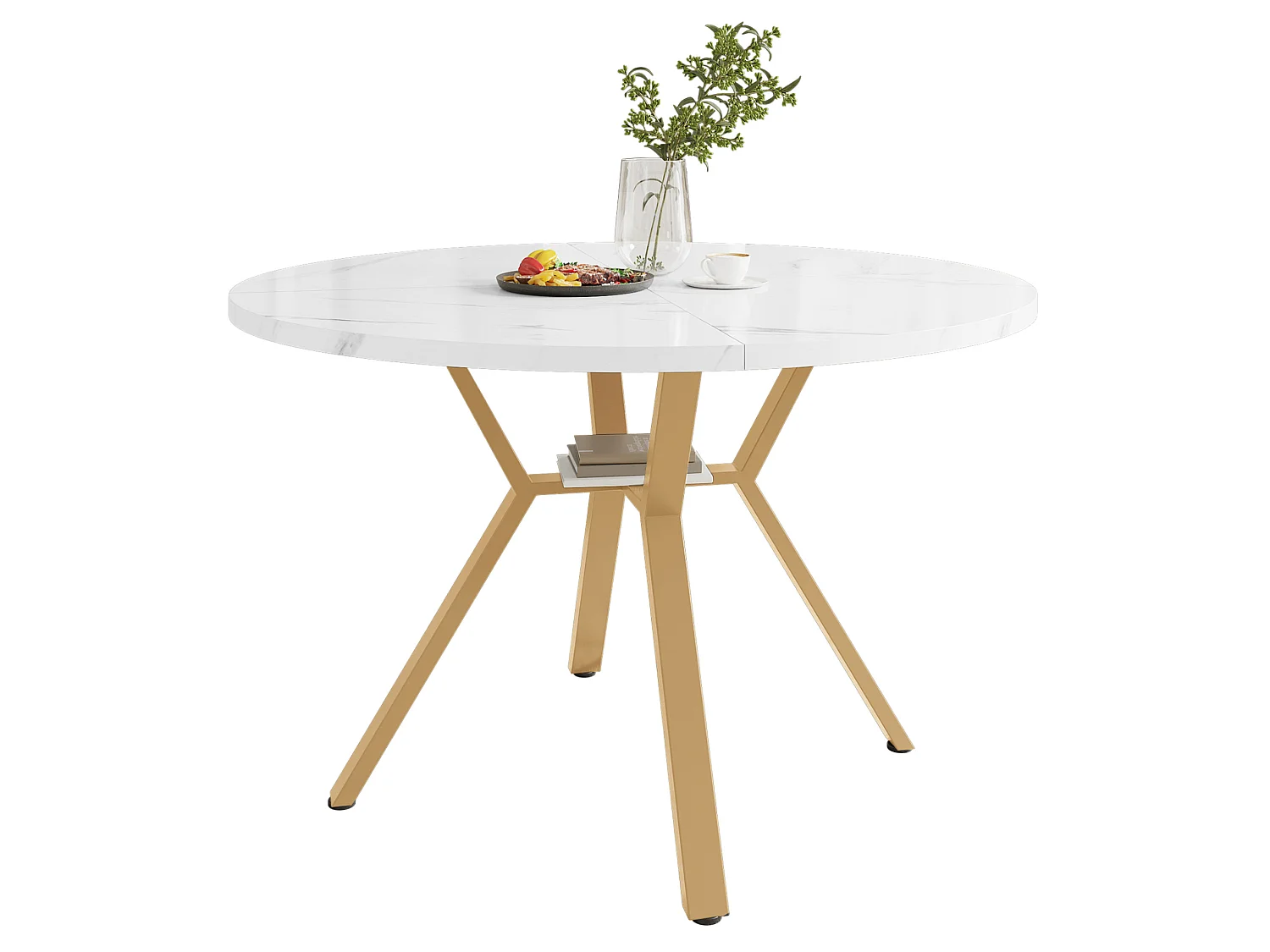 Table à manger ronde 100/75/100 cm avec plateau effet marbre MDF blanc et acier doré