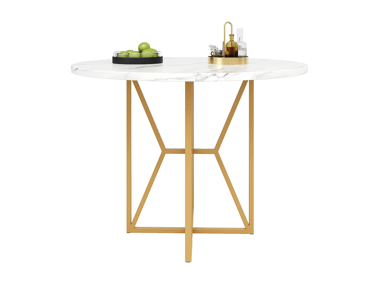 Table ronde 80×80×76cm, Plateau MDF marbré, Piétement métal, Cuisine/Salon, Pieds dorés, 4-6 personnes