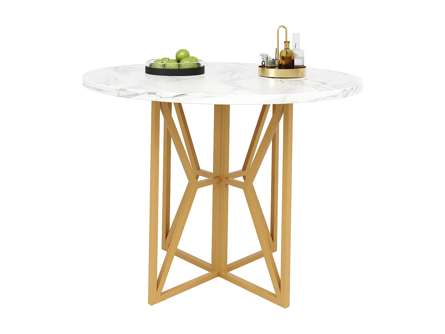 Table ronde 80×80×76cm, Plateau MDF marbré, Piétement métal, Cuisine/Salon, Pieds dorés, 4-6 personnes