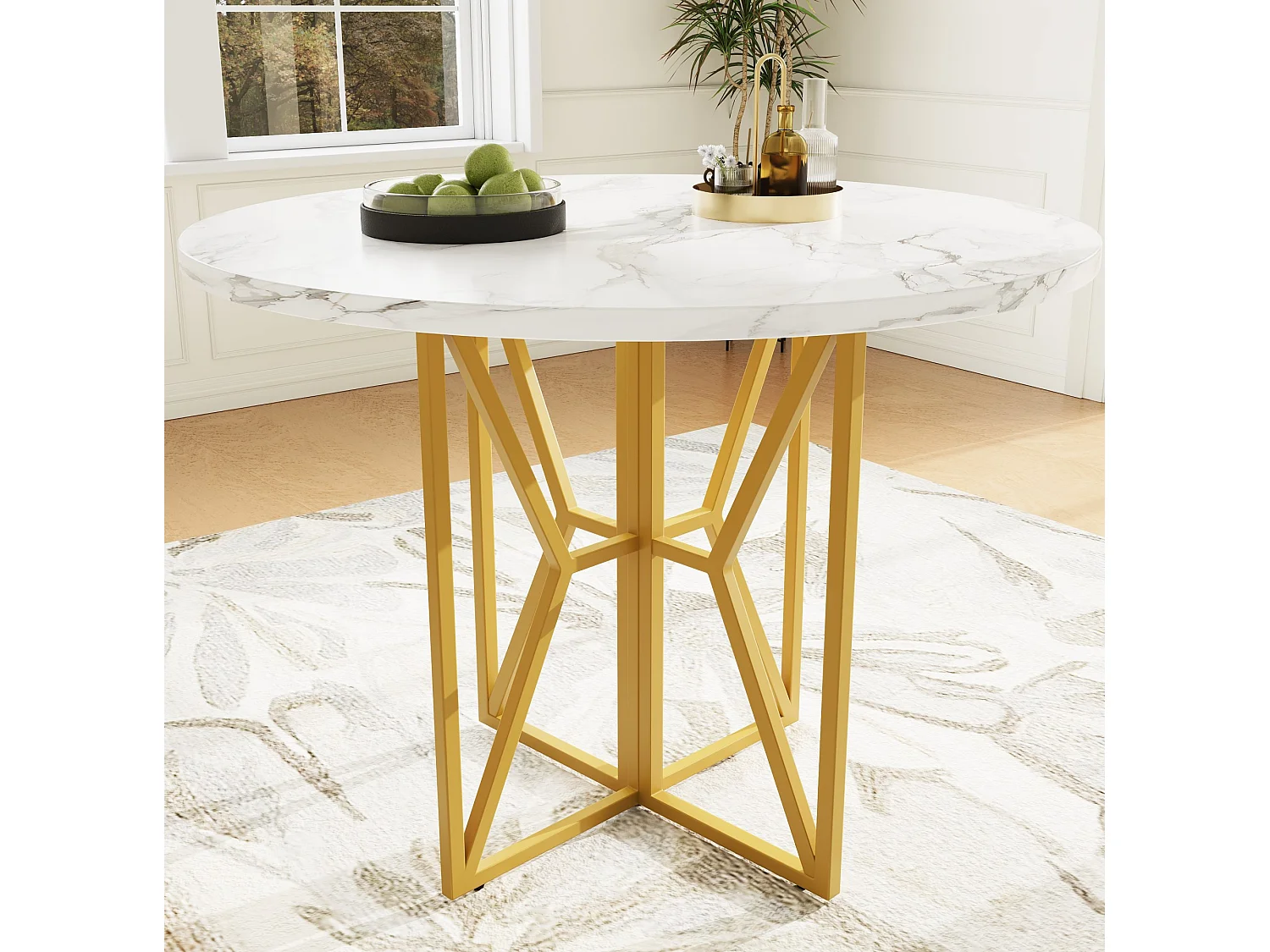 Table à manger ronde 80/80/76 cm avec pieds réglables MDF aspect marbre et métal doré