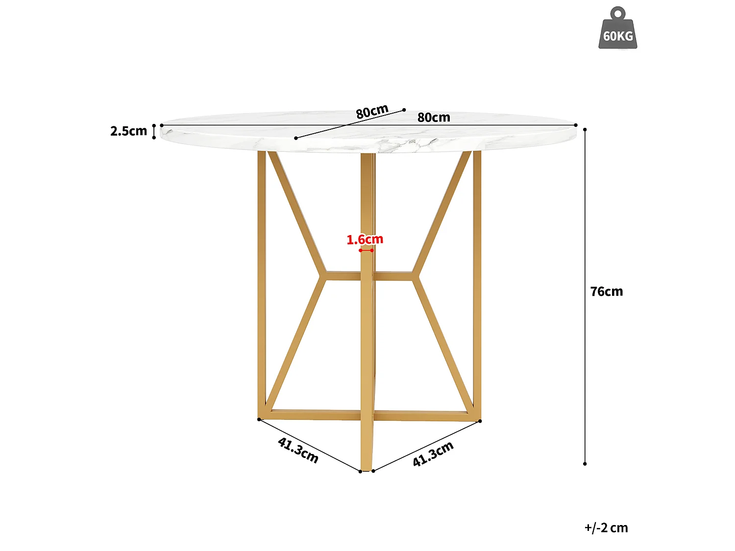 Table à manger ronde 80/80/76 cm avec pieds réglables MDF aspect marbre et métal doré