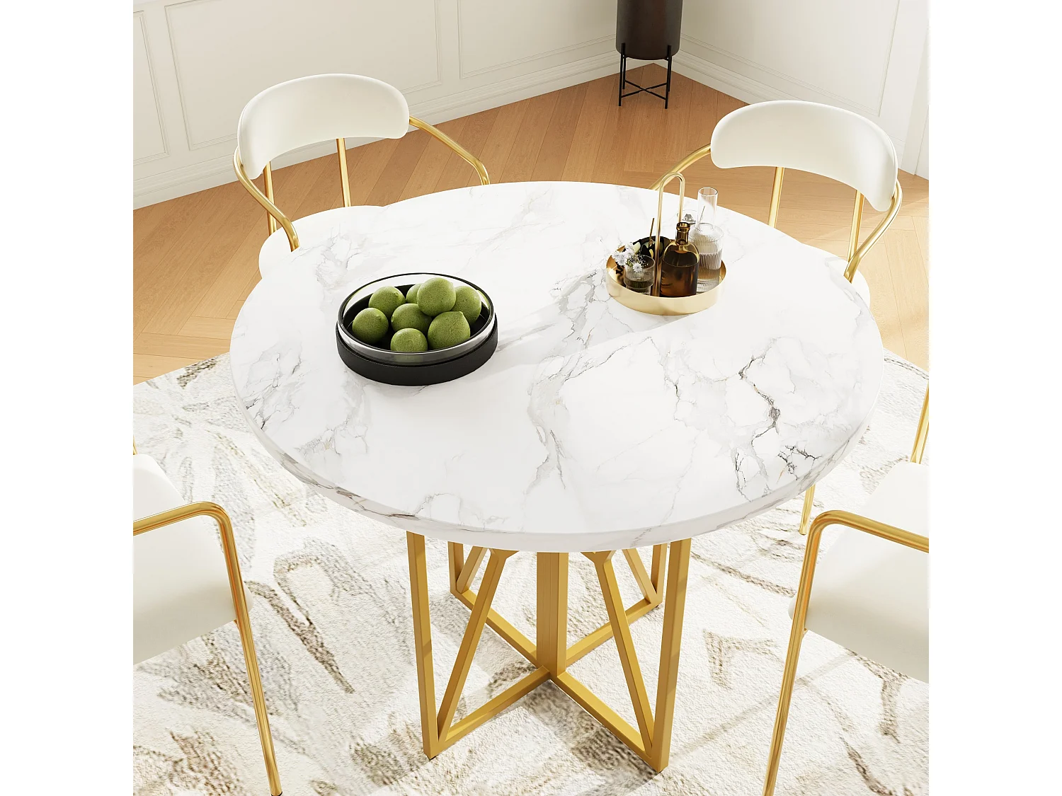 Table à manger ronde 80/80/76 cm avec pieds réglables MDF aspect marbre et métal doré