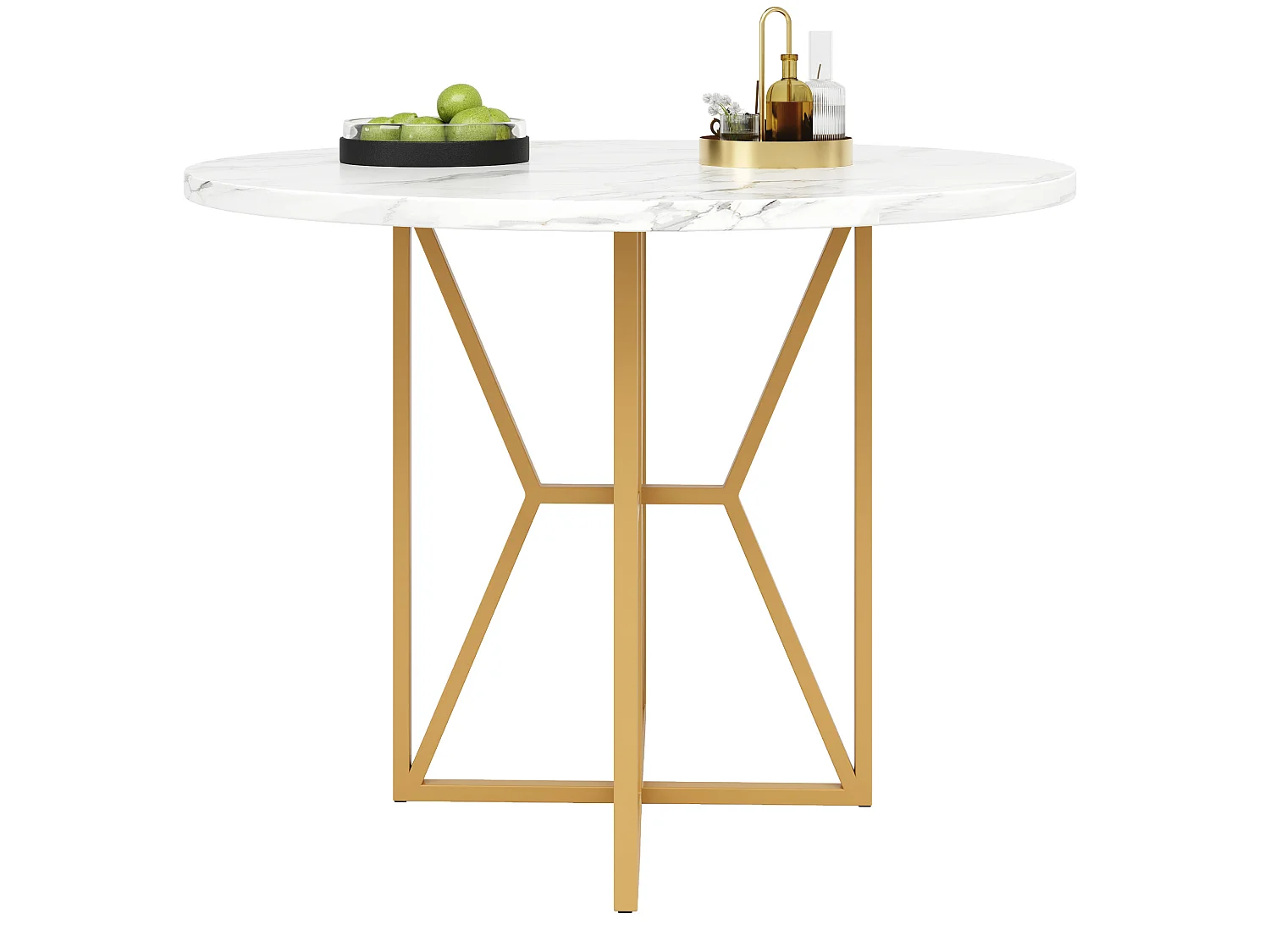 Table à manger ronde 80/80/76 cm avec pieds réglables MDF aspect marbre et métal doré
