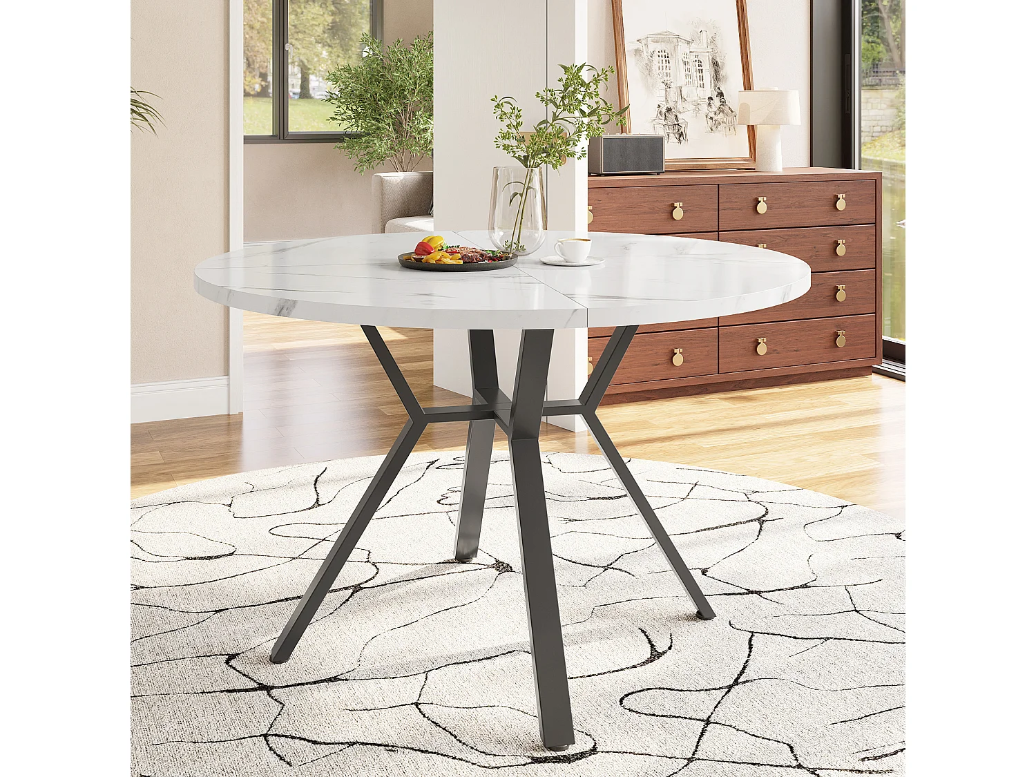 Table à manger ronde 100/75 cm avec plateau effet marbre et piètement croisé MDF blanc et noir
