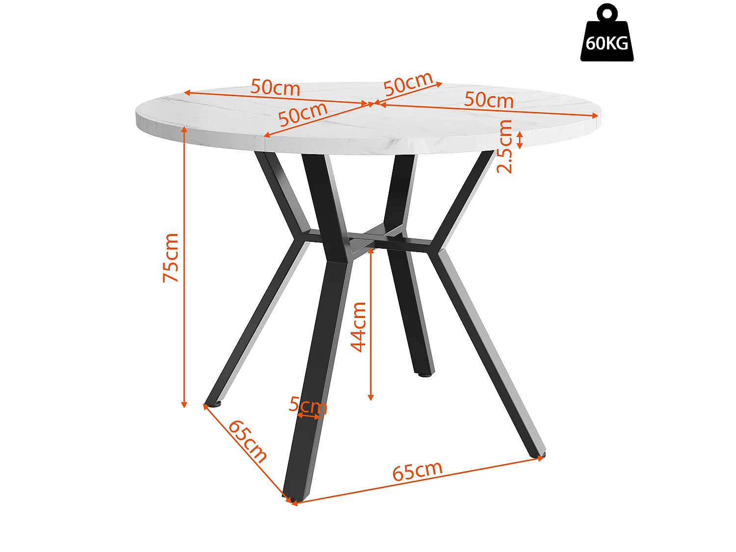Table à manger ronde 100/75 cm avec plateau effet marbre et piètement croisé MDF blanc et noir