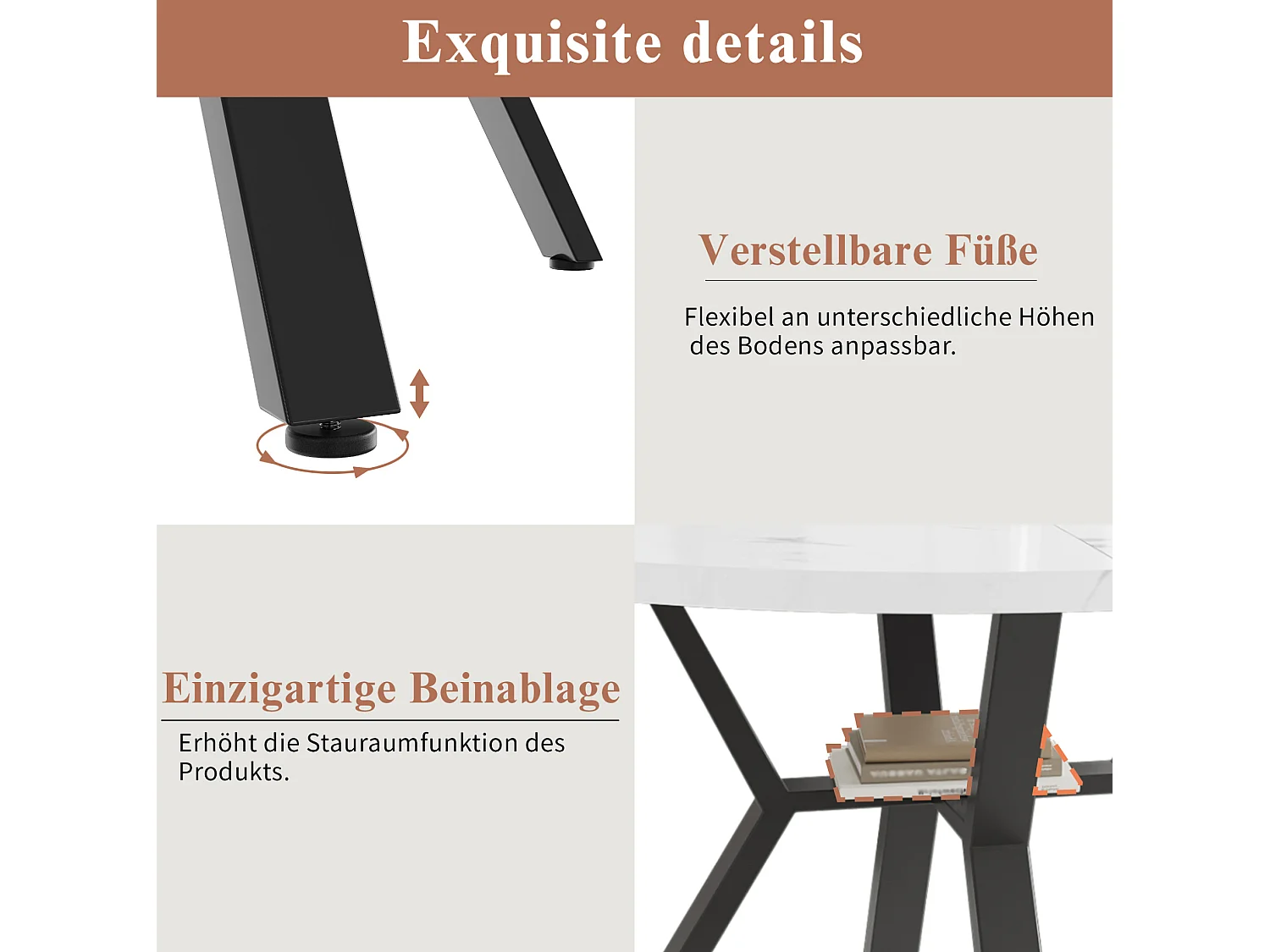Table à manger ronde 100/75 cm avec plateau effet marbre et piètement croisé MDF blanc et noir
