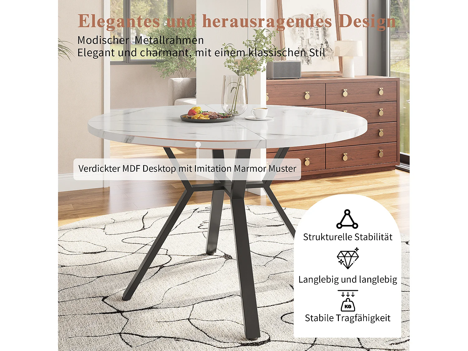 Table à manger ronde 100/75 cm avec plateau effet marbre et piètement croisé MDF blanc et noir