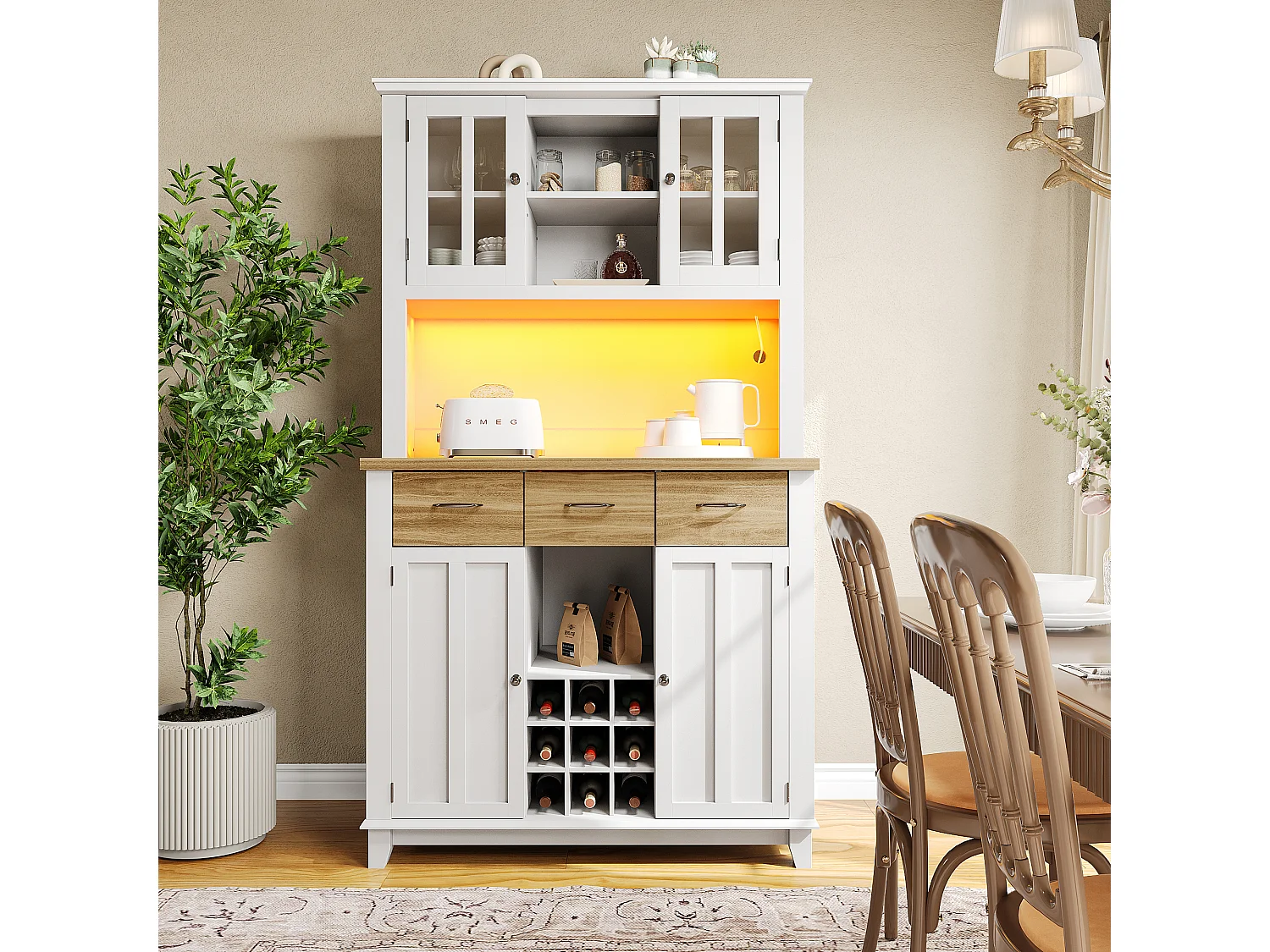 Armoire haute de cuisine, Buffet, Vitrine, Étagères réglables, Sideboard avec LED, Tiroirs couleur bois