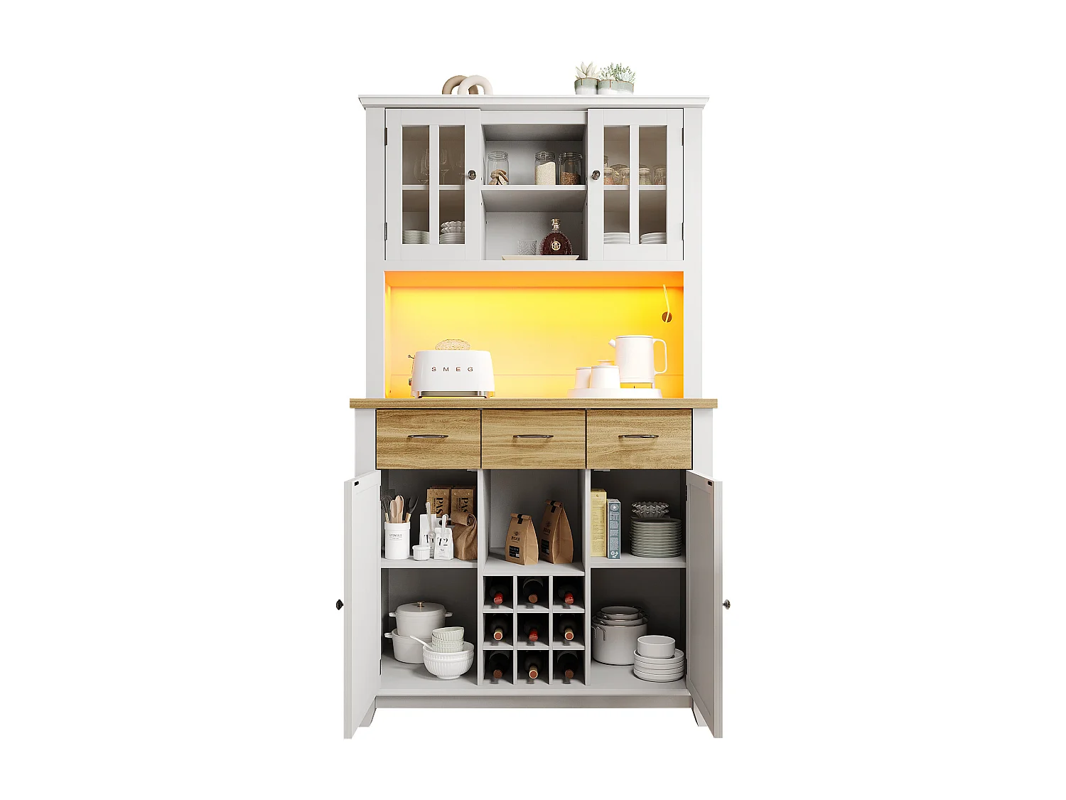 Armoire haute de cuisine, Buffet, Vitrine, Étagères réglables, Sideboard avec LED, Tiroirs couleur bois