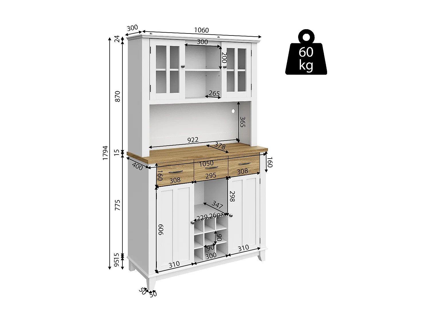 Armoire haute de cuisine, Buffet, Vitrine, Étagères réglables, Sideboard avec LED, Tiroirs couleur bois