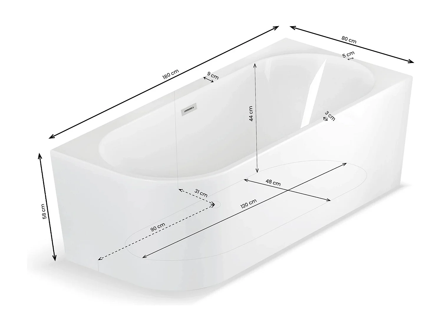 Bundle Capri 180 droite blanche + robinetterie Infinite chromée 180 x81 x58 cm, by SPALINA