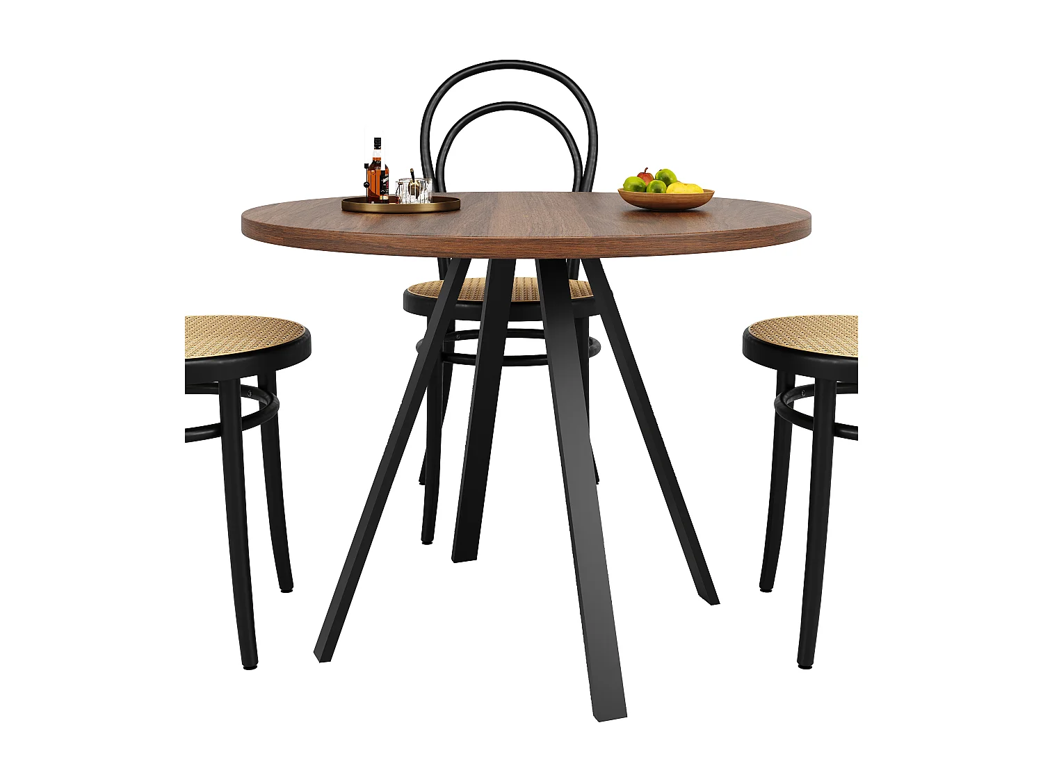 Table ronde 80×80×75cm, 1 pièce, Plateau pour 4 personnes, Piétement métal, Cuisine/Salon, Noyer/Noir