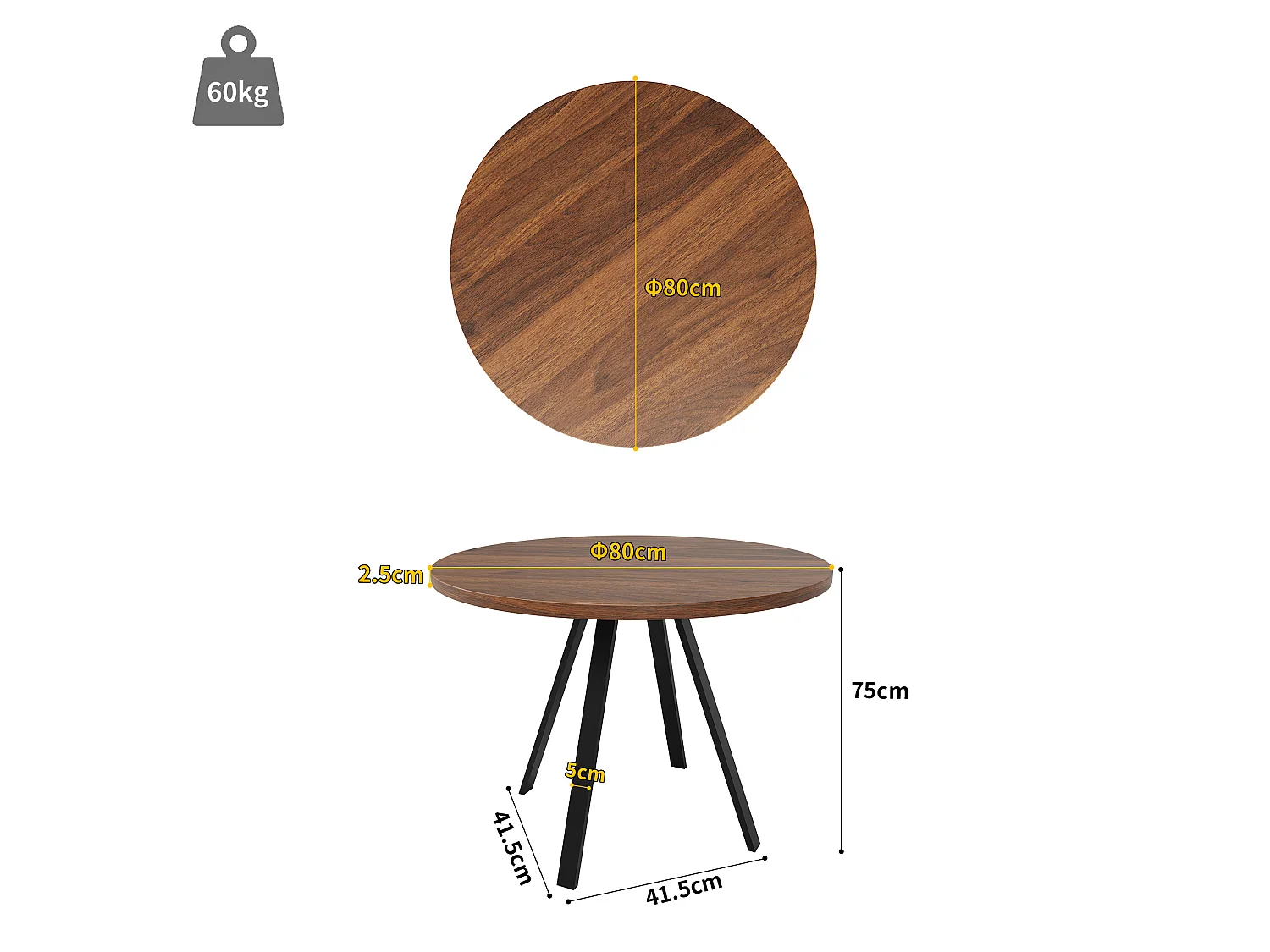 Table à manger ronde 80/80/75 cm avec plateau effet noyer MDF et métal noir