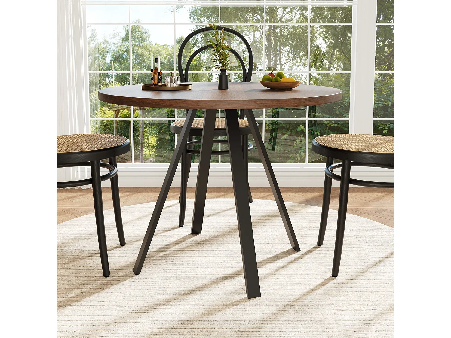 Table à manger ronde 80/80/75 cm avec plateau effet noyer MDF et métal noir