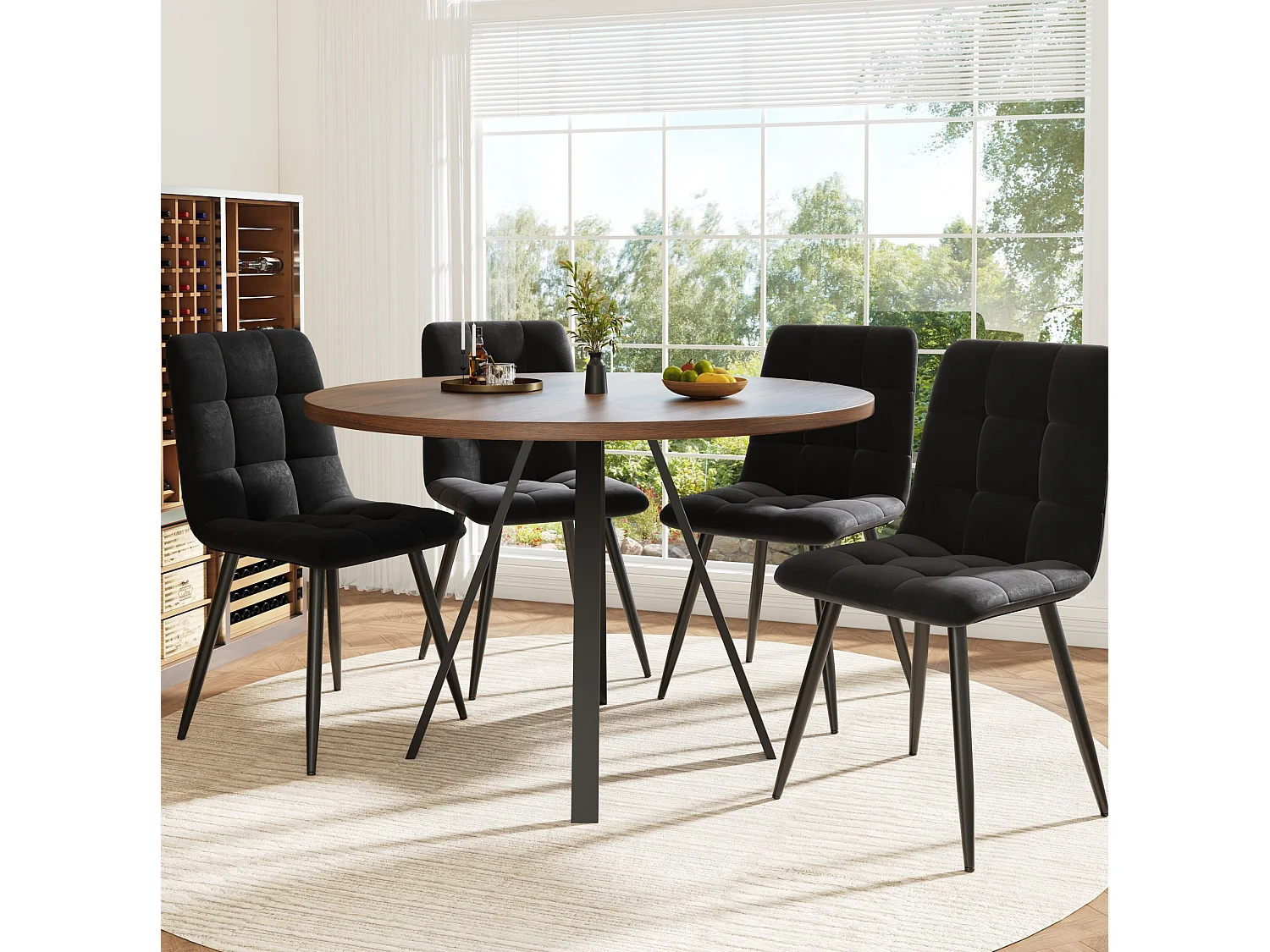 Table à manger ronde 80/80/75 cm avec plateau effet noyer MDF et métal noir