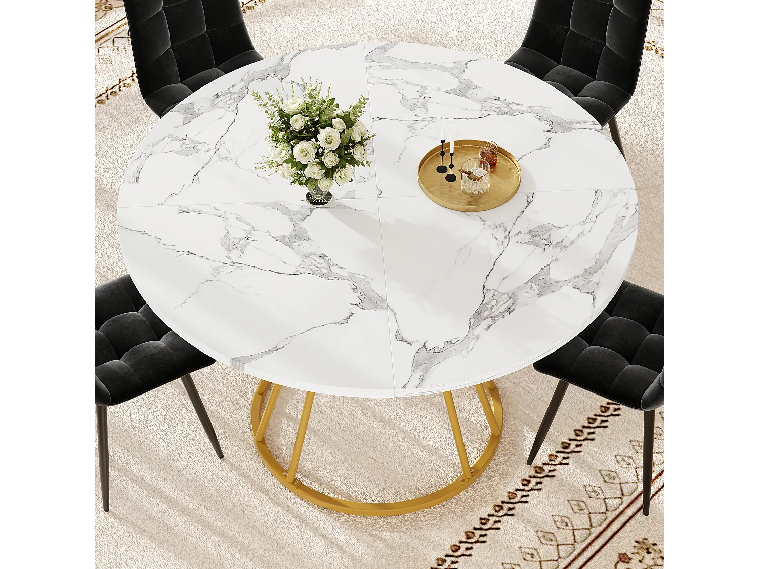 Table ronde 1 pièce, Cuisine/Salon, Plateau effet marbre, Piétement métal, Pieds dorés/noirs