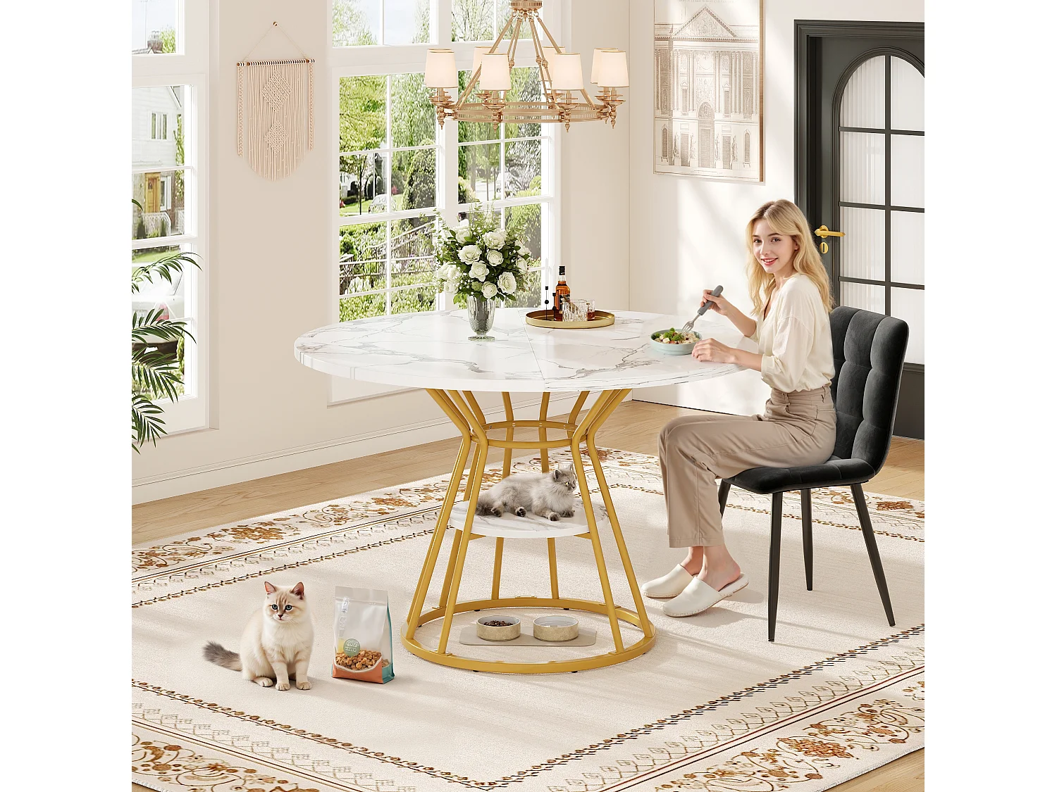 Table ronde 1 pièce, Cuisine/Salon, Plateau effet marbre, Piétement métal, Pieds dorés/noirs