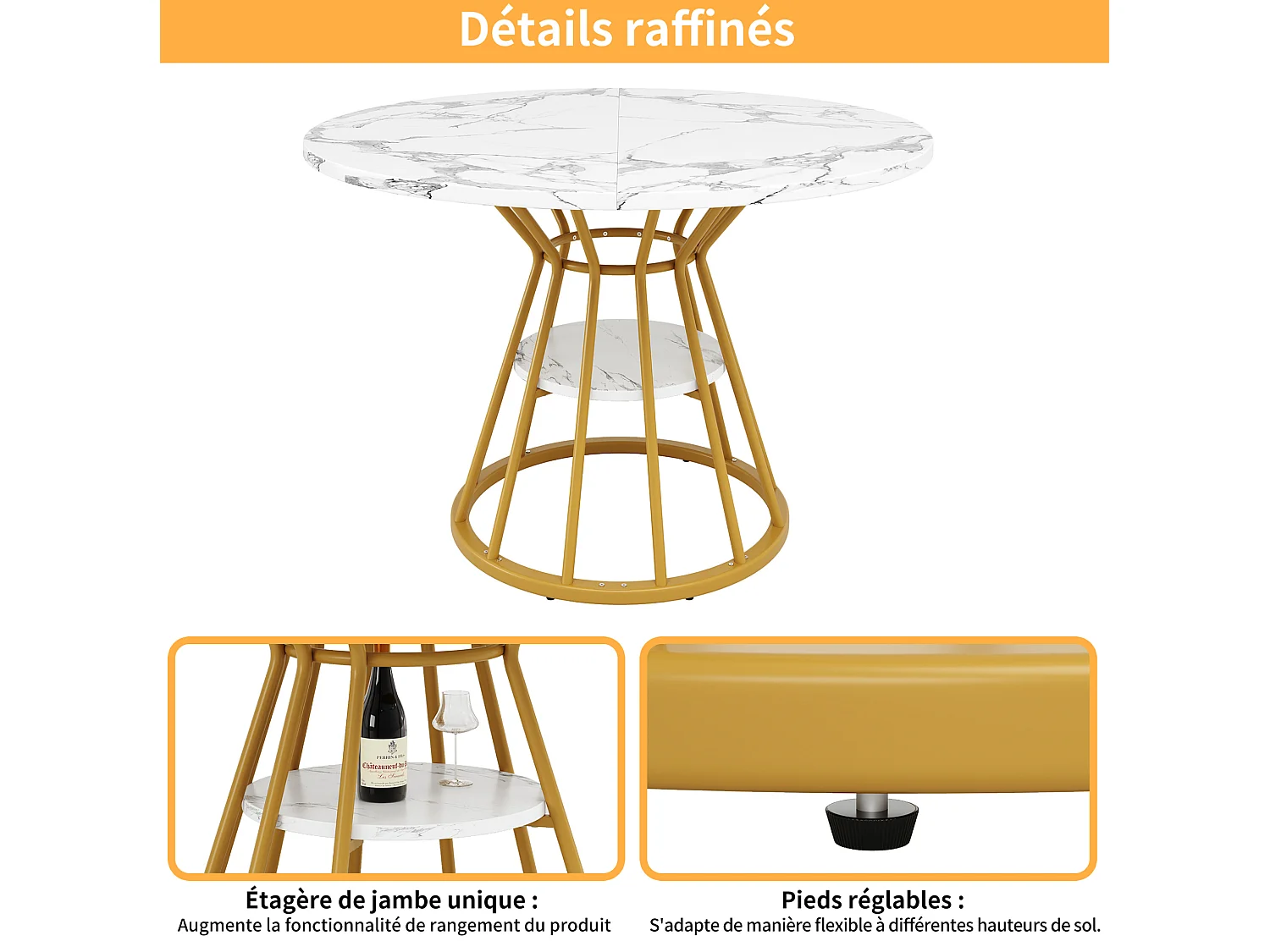 Table à manger ronde 100/76/100 cm avec tablette de rangement MDF et métal doré