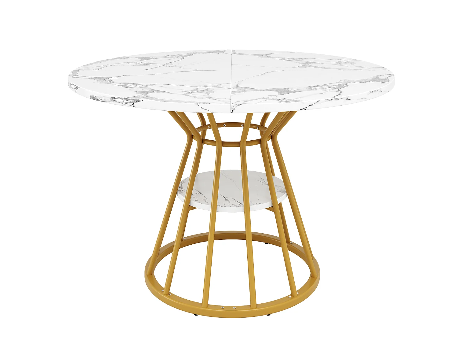 Table à manger ronde 100/76/100 cm avec tablette de rangement MDF et métal doré