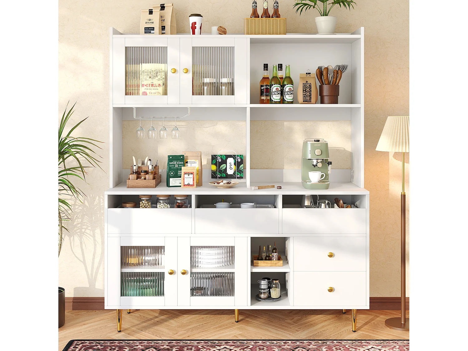 Armoire haute salle à manger 145×39×171cm, Portes verre Chambray, Casier à verres, Rangement multi-niveaux, Blanc et accents dorés