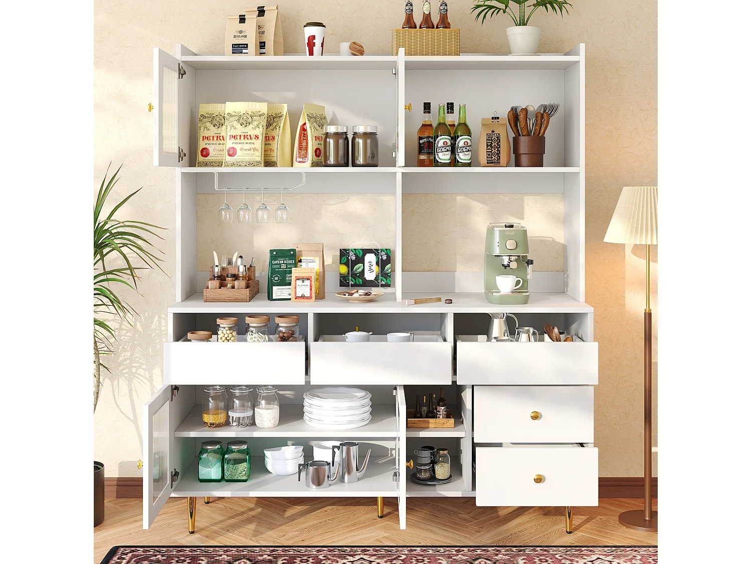Armoire haute salle à manger 145×39×171cm, Portes verre Chambray, Casier à verres, Rangement multi-niveaux, Blanc et accents dorés