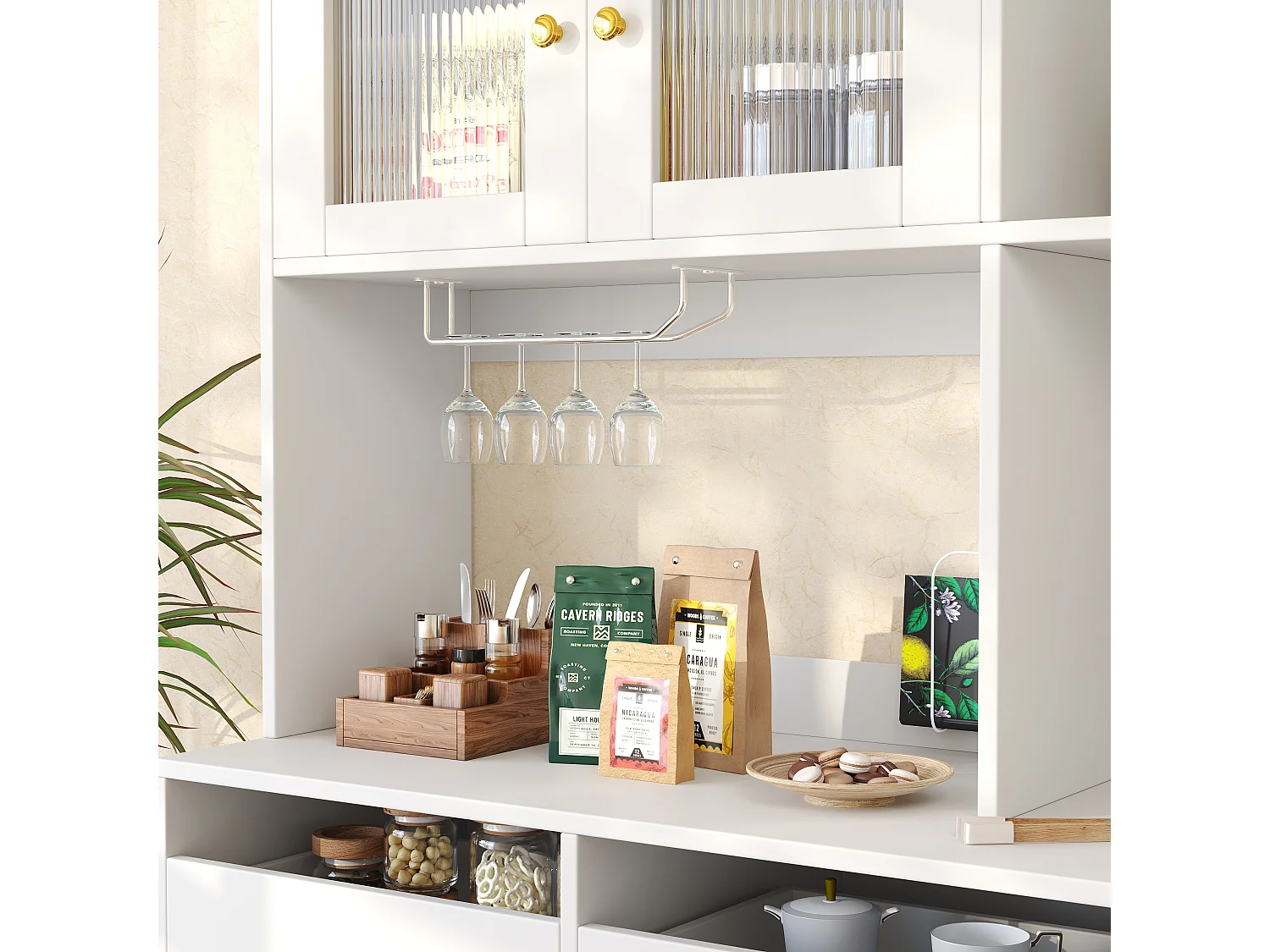 Armoire haute salle à manger 145×39×171cm, Portes verre Chambray, Casier à verres, Rangement multi-niveaux, Blanc et accents dorés
