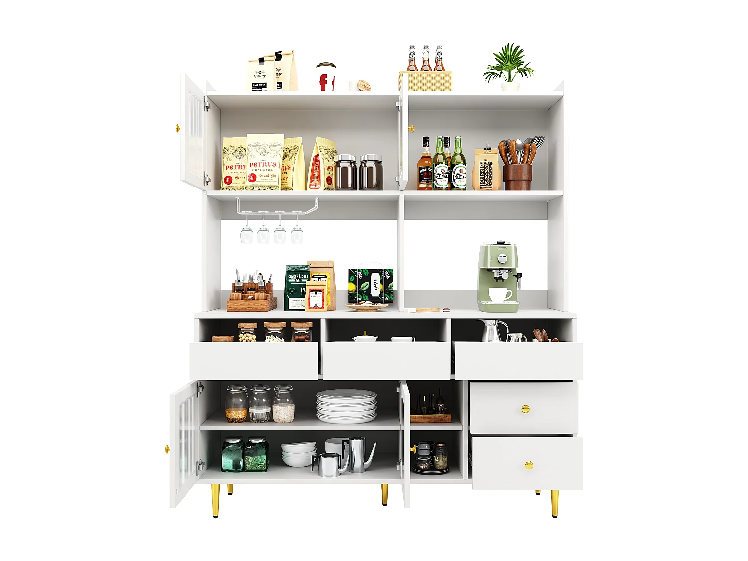 Armoire haute salle à manger 145×39×171cm, Portes verre Chambray, Casier à verres, Rangement multi-niveaux, Blanc et accents dorés